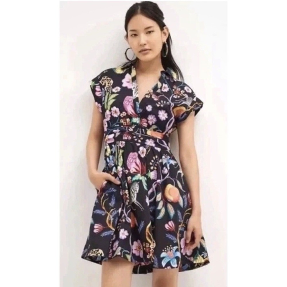 Anthropologie‎ Maeve Black Floral Flora Fauna Jungle Animal Safari Mini Dress XS